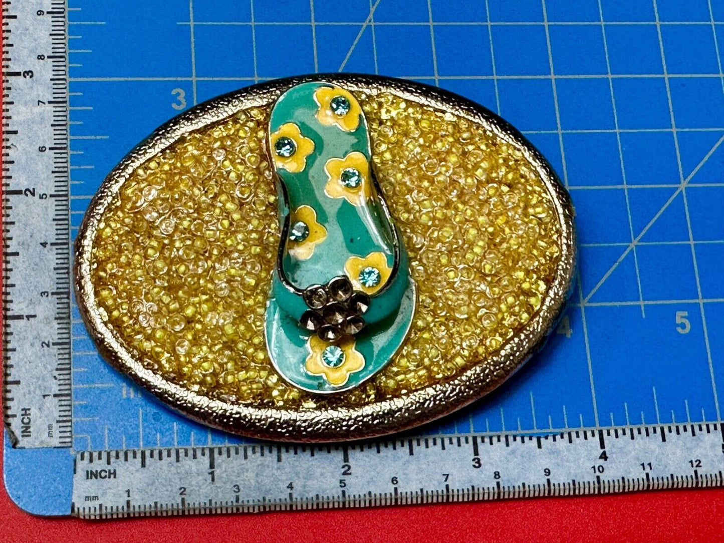 unique flip flop on sand - beach girls artisan belt buckle - missing stones?