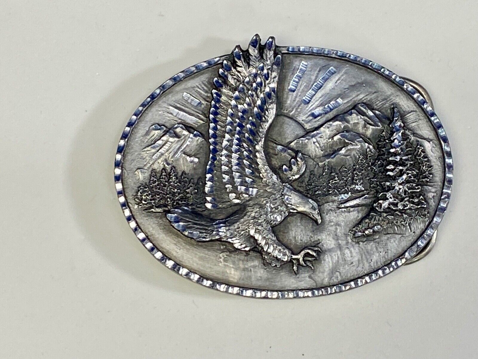 Vintage 1982 Majestic American Eagle Flying Over Mountains Belt Buckle 
