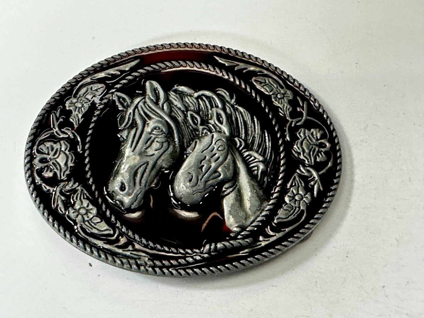 Two Horse Head's Red Color Enameled Western Cowboy's Belt Buckle