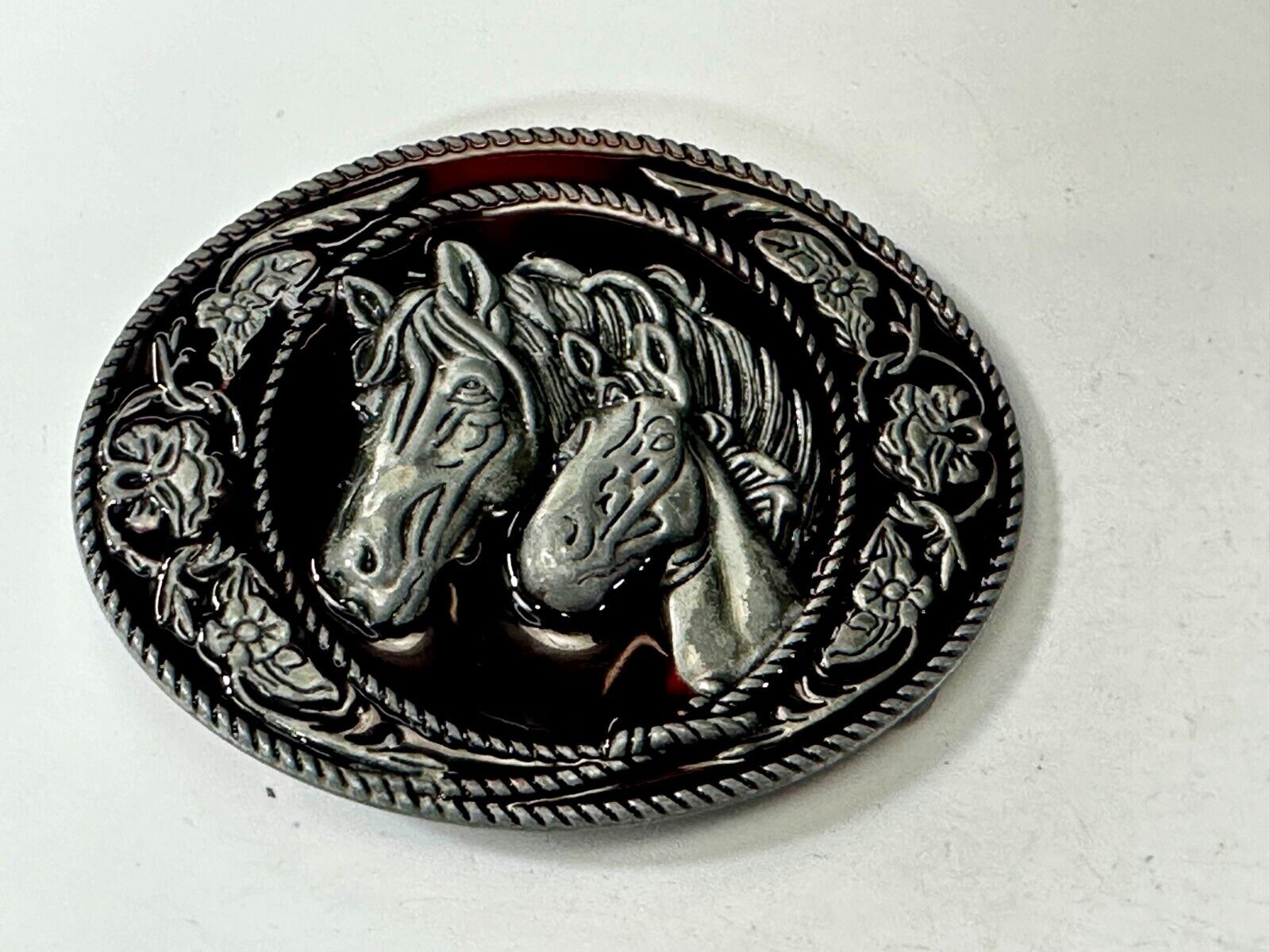 Two Horse Head's Red Color Enameled Western Cowboy's Belt Buckle