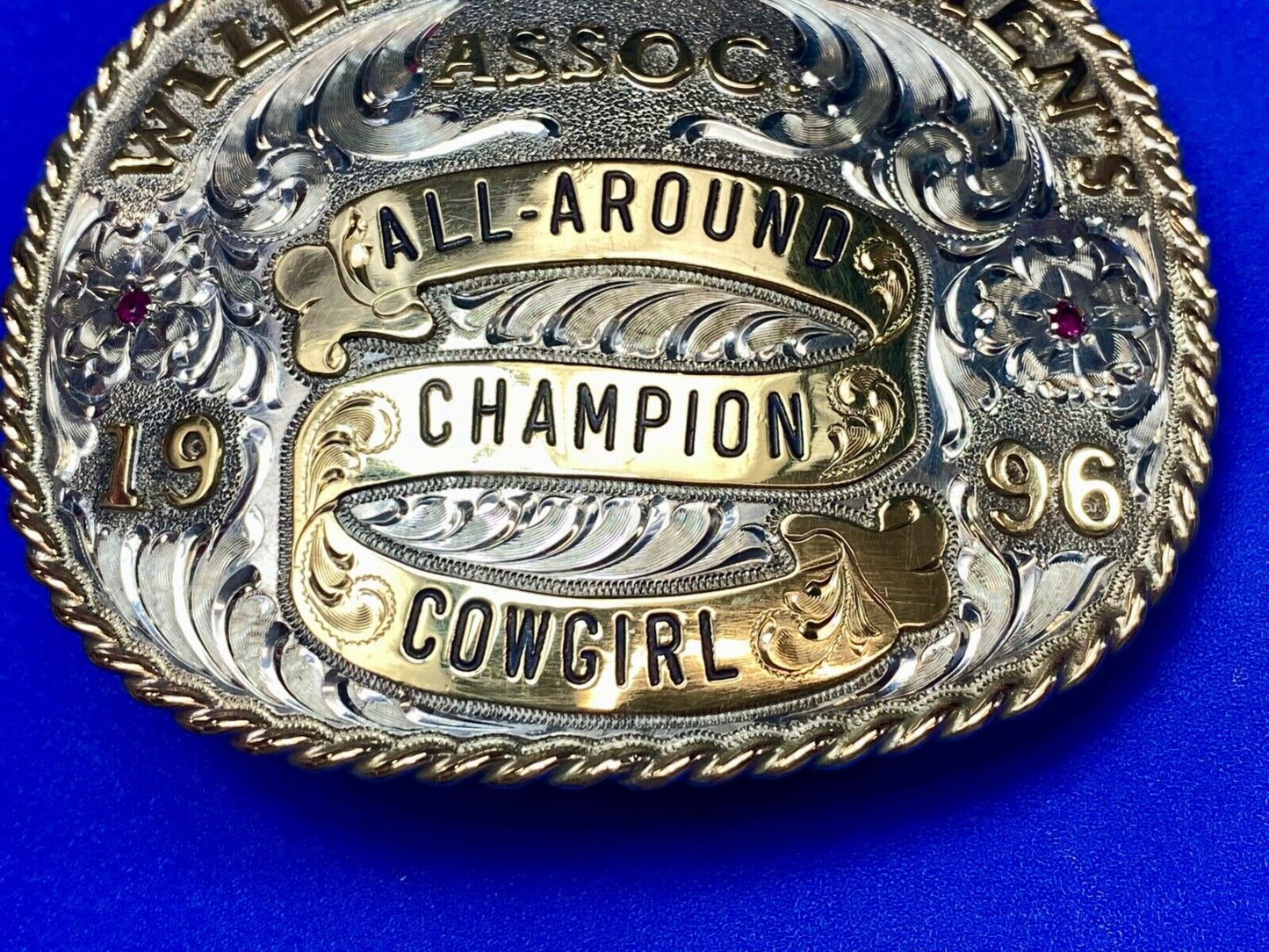 All Around Champion Cowgirl Willits Horsemen's Assoc 96 Trophy belt buckle by Gj