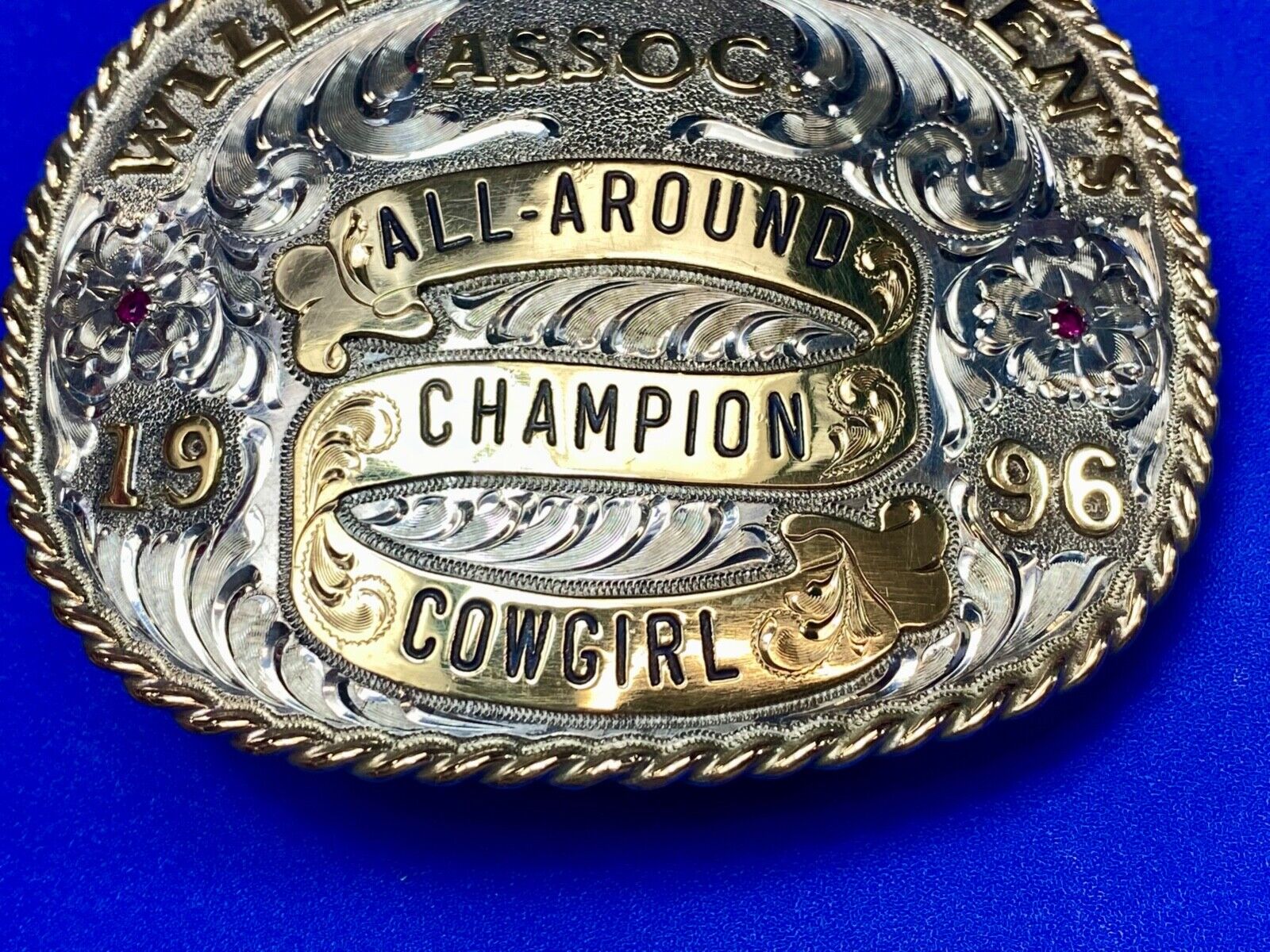 All Around Champion Cowgirl Willits Horsemen's Assoc 96 Trophy belt buckle by Gj