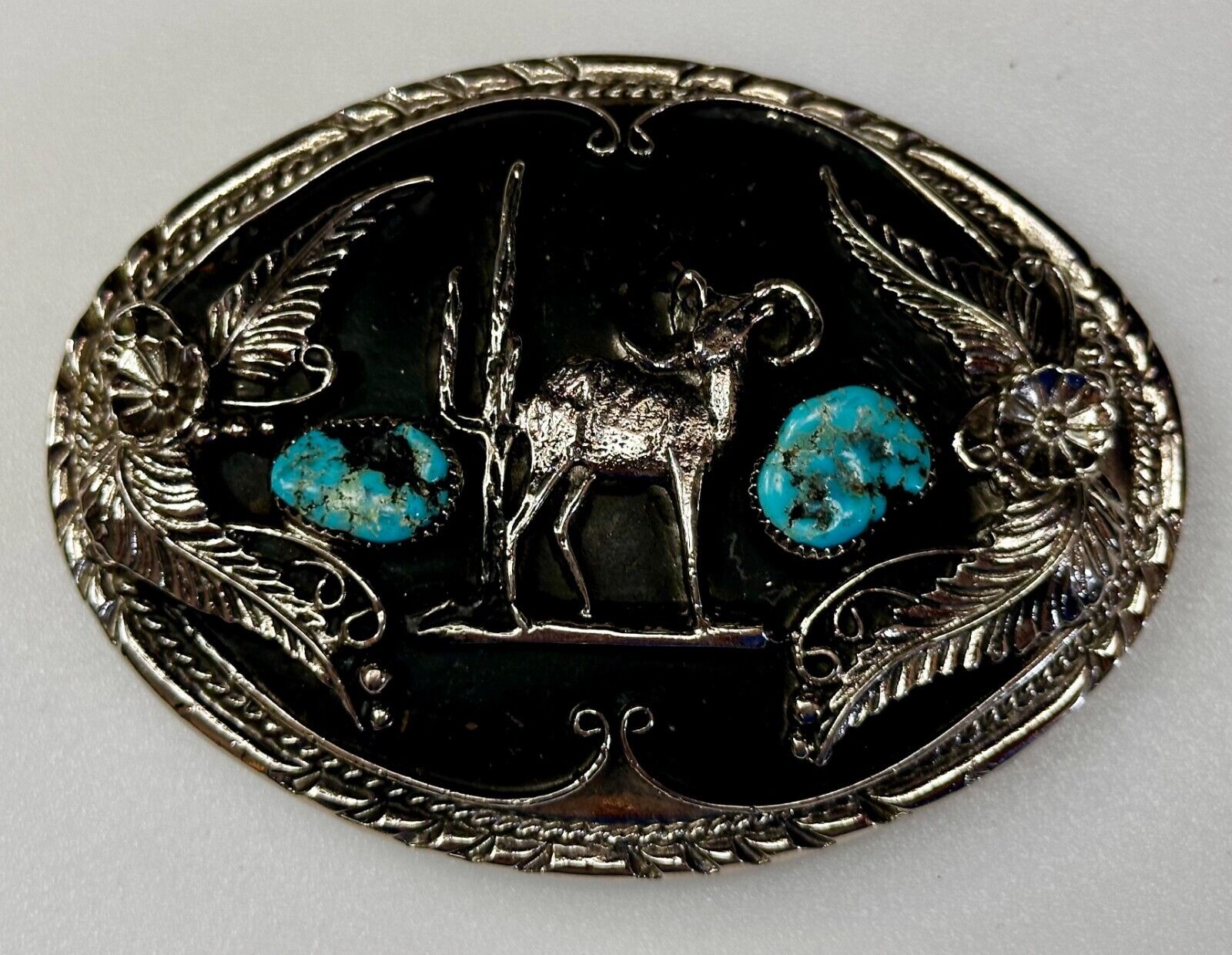 Bighorn Sheep Ram Mountain Goat Turquoise Stone Flower Leaf Western Belt Buckle