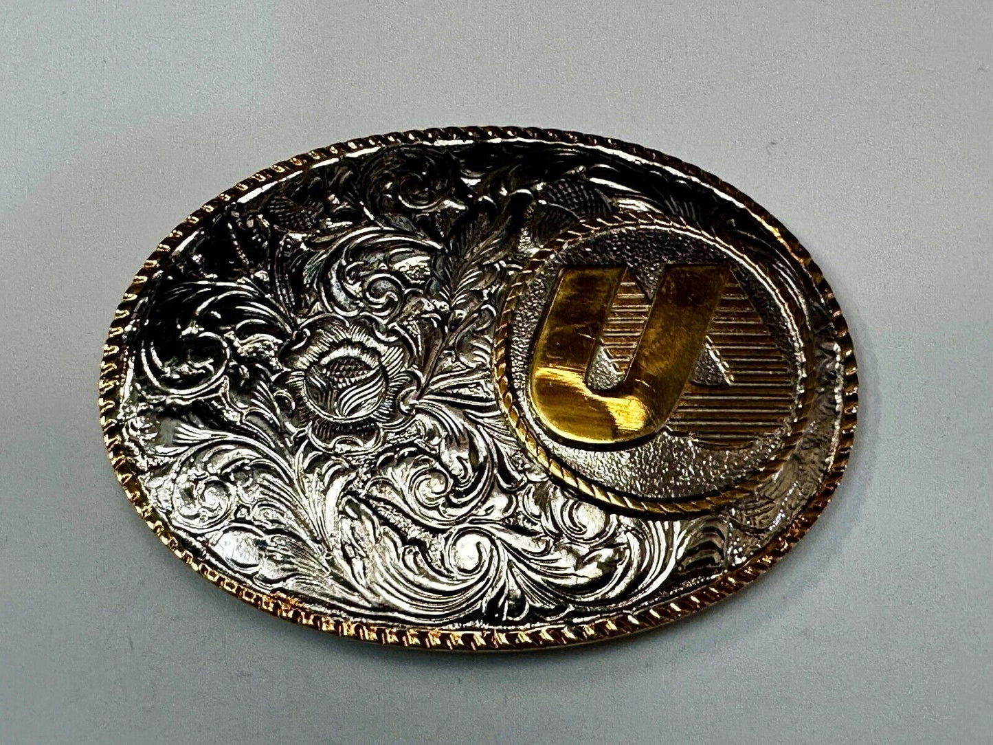 UA Company Logo Floral Flower Design Gold & Silver Tone Vintage Belt Buckle