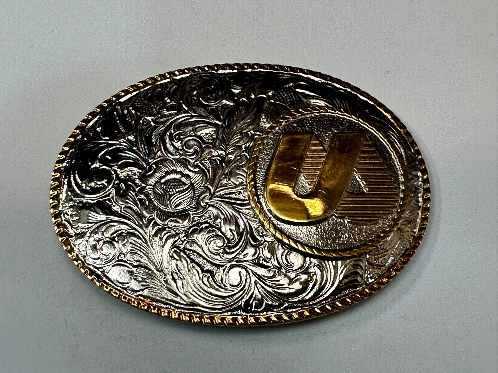 UA Company Logo Floral Flower Design Gold & Silver Tone Vintage Belt Buckle