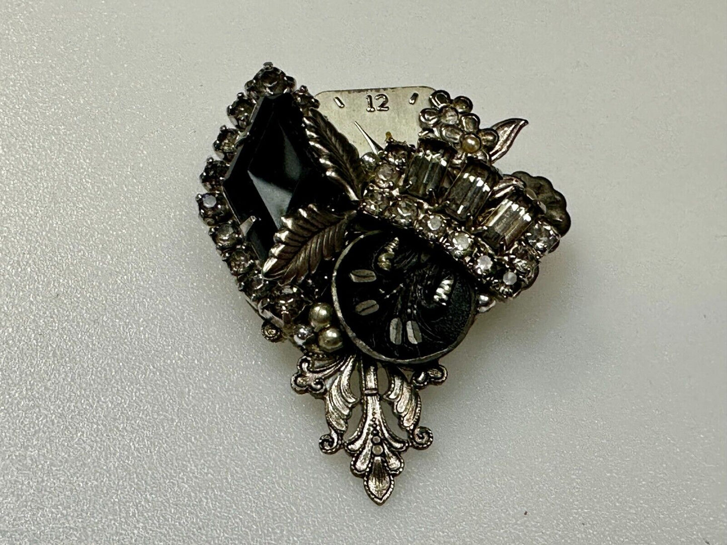 Victorian Style Flower Clocks with Rhinestone Artisan Silver Tone Brooch Pin
