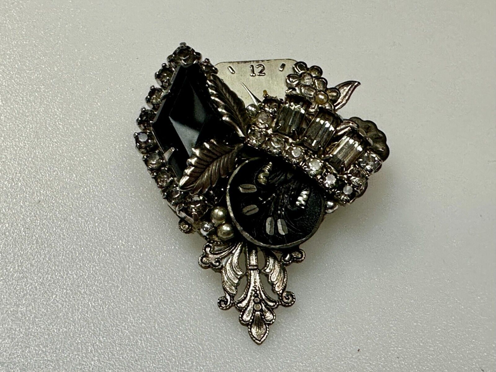 Victorian Style Flower Clocks with Rhinestone Artisan Silver Tone Brooch Pin