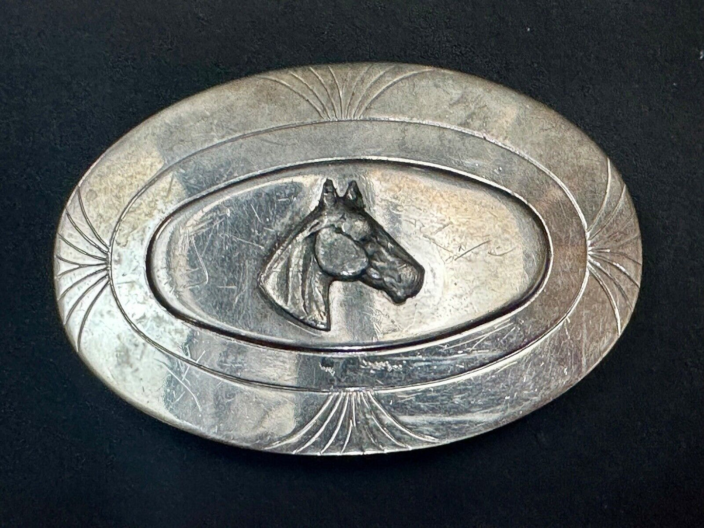 Vintage Horse Head Nickel Silver Oval Belt Buckle by The LynTone Company