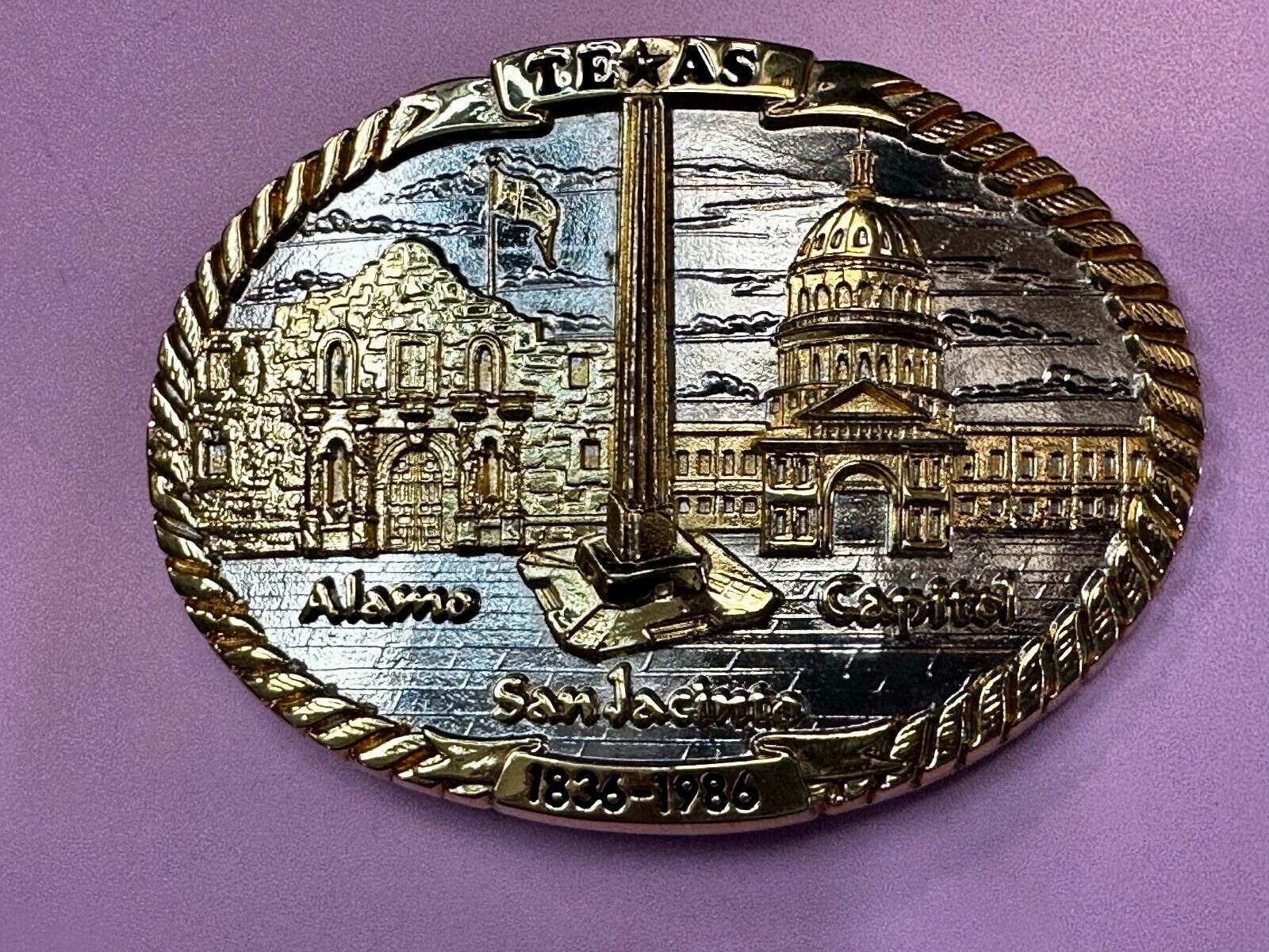 TEXAS SESQUICENTENNIAL ALAMO SAN JACINTO CAPITAL 1836-1986 TW Baker Belt Buckle