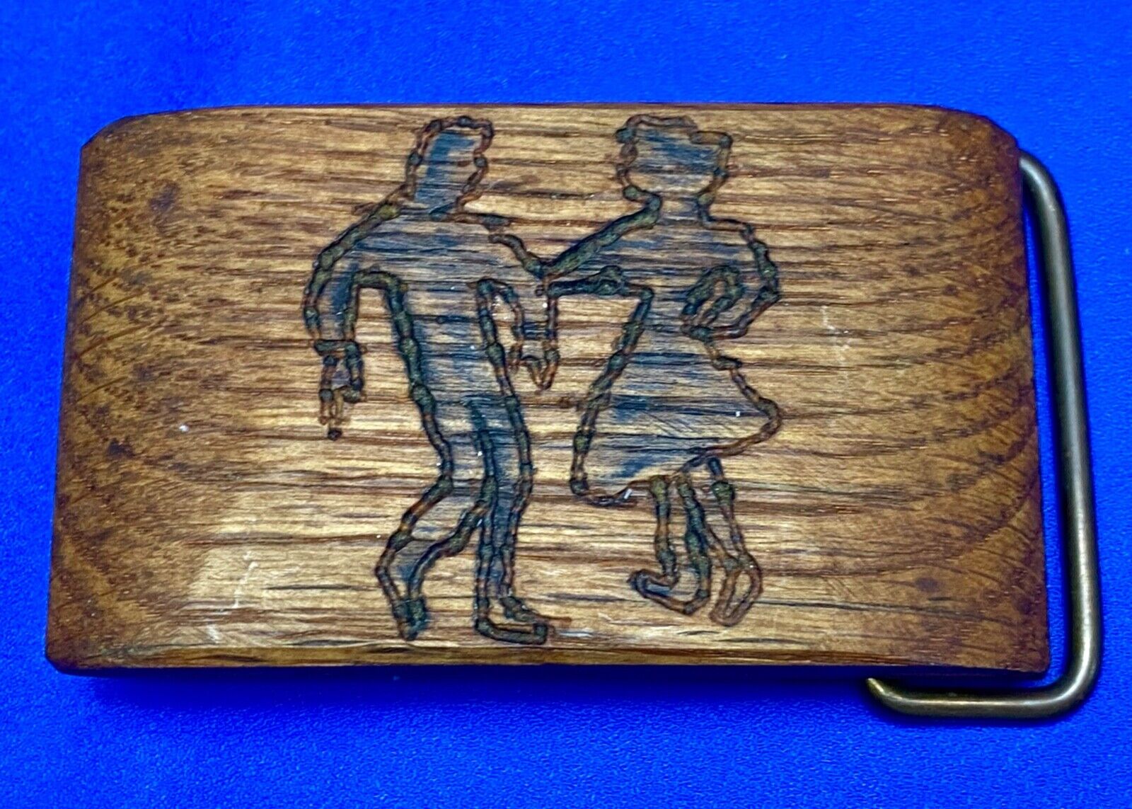 Artisan country line square Dancing Couple burned into wood grain belt buckle