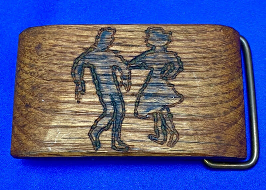 Artisan country line square Dancing Couple burned into wood grain belt buckle
