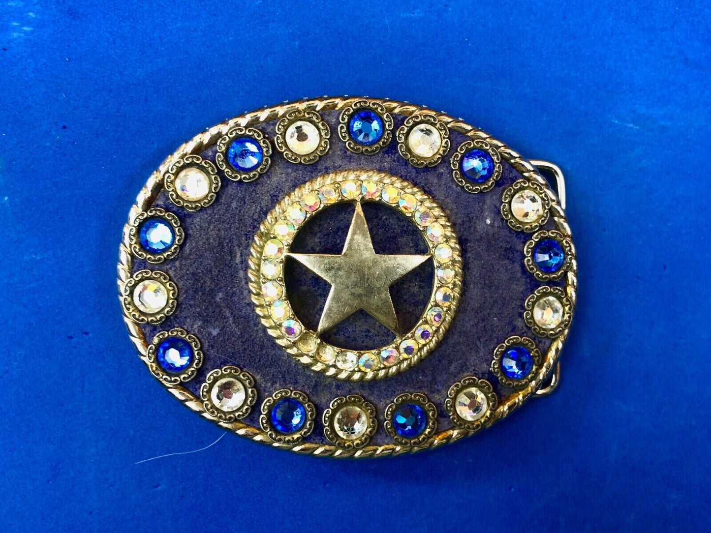 artisan multi color shades of blue star rhinestone centerpiece belt buckle 