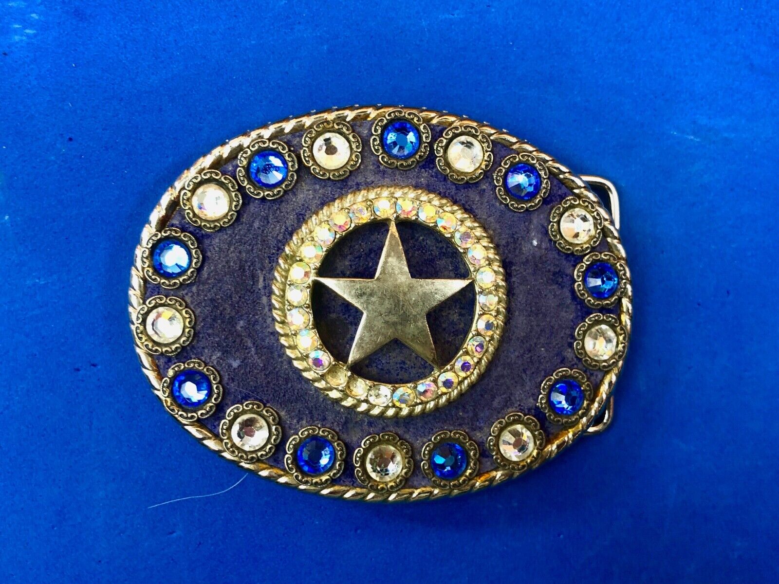 artisan multi color shades of blue star rhinestone centerpiece belt buckle 
