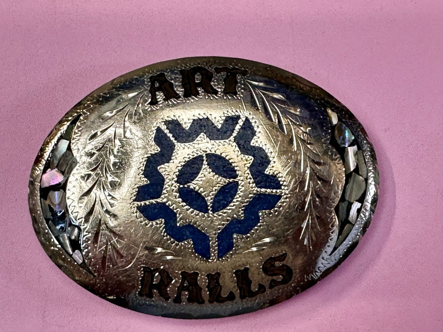 Art Ralls Abalone Shell Chip Inlaid Native American Indian Artisan Belt Buckle