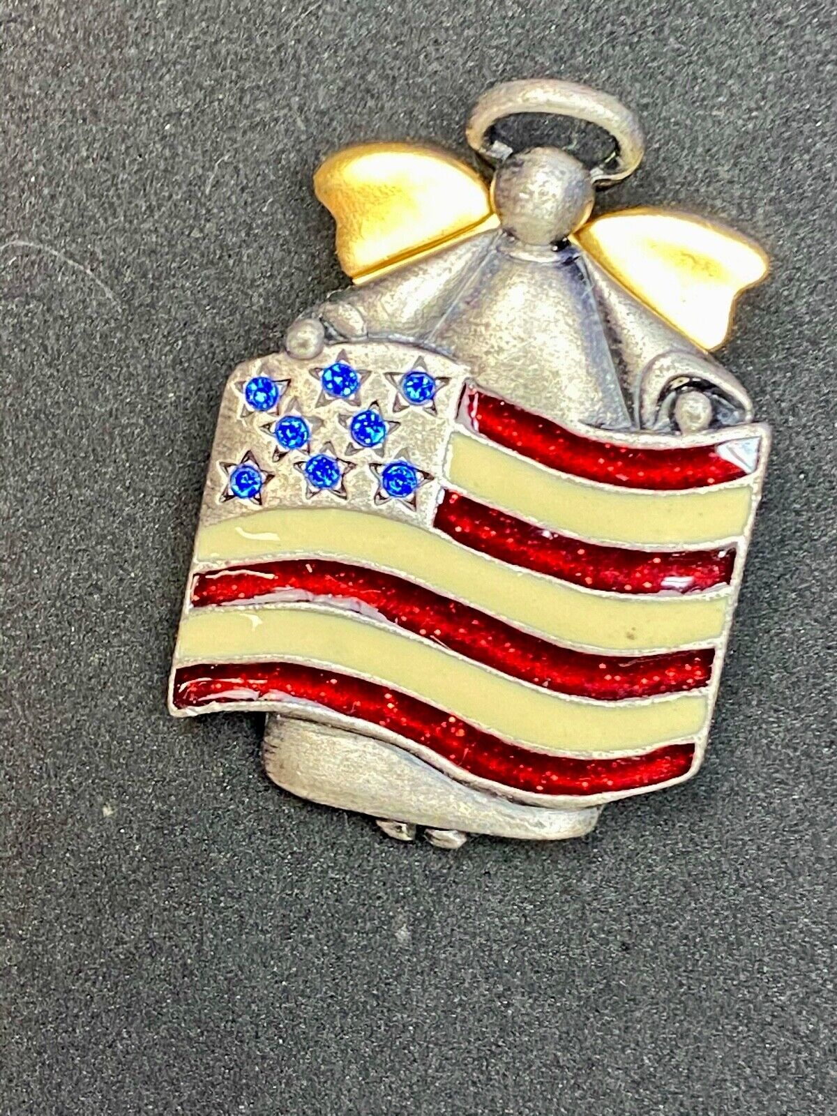 AJMC Signed Angel Holding Patriotic USA Flag Heart Brooch Pin
