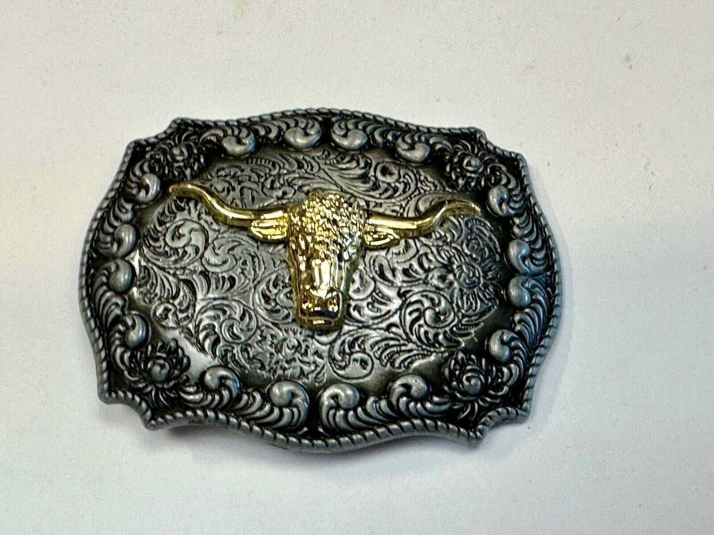 Two tone Ornate LONGHORN SKULL western belt buckle