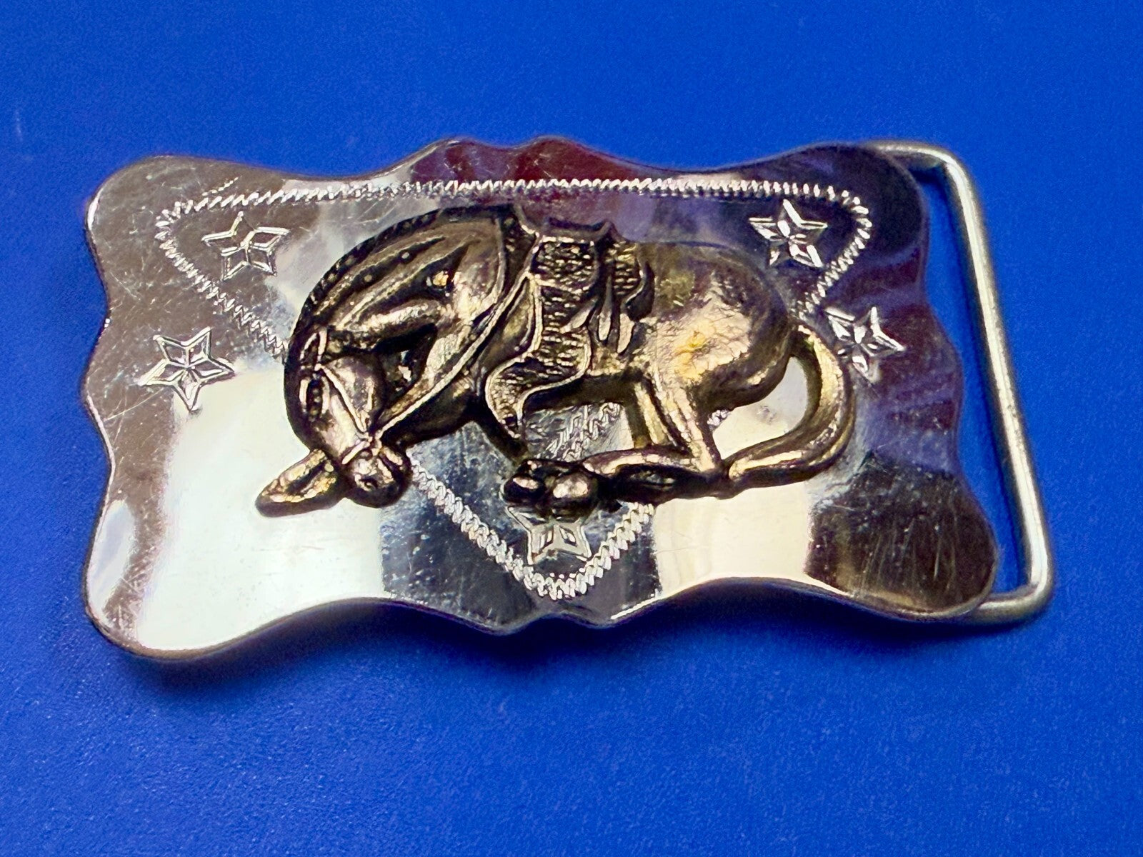 Vintage Horse Head Down End Of The Trail Reflective Two Tone Western Belt Buckle