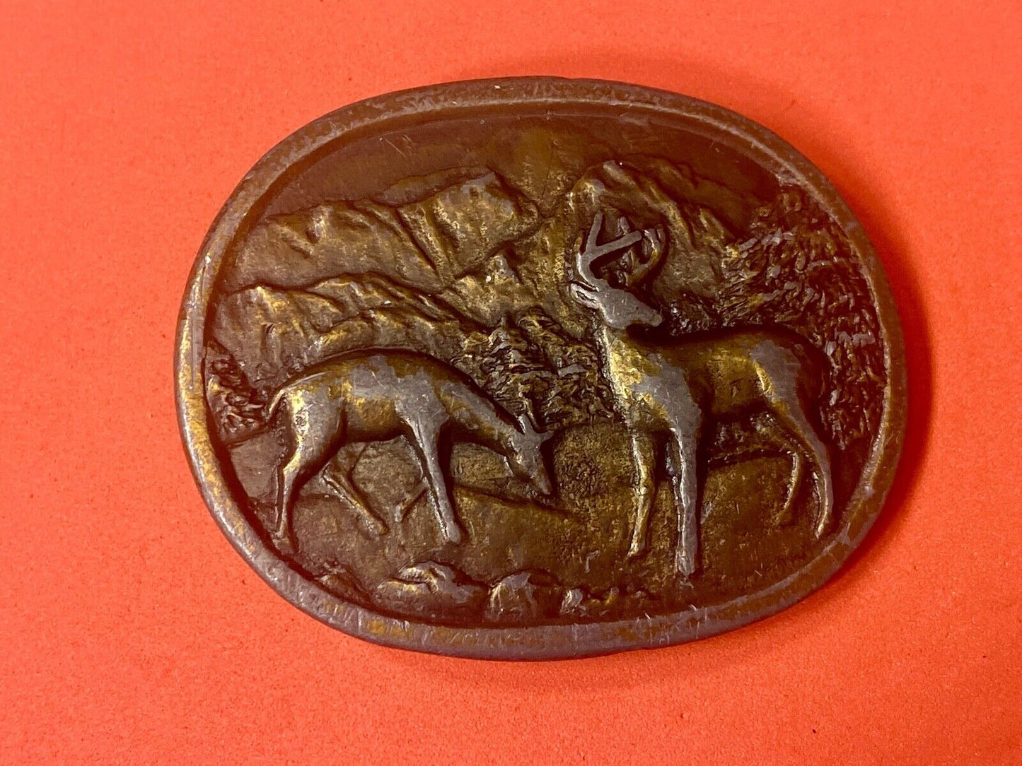 Two Deer Grazing In Nature Vintage Brass Tone Belt Buckle 