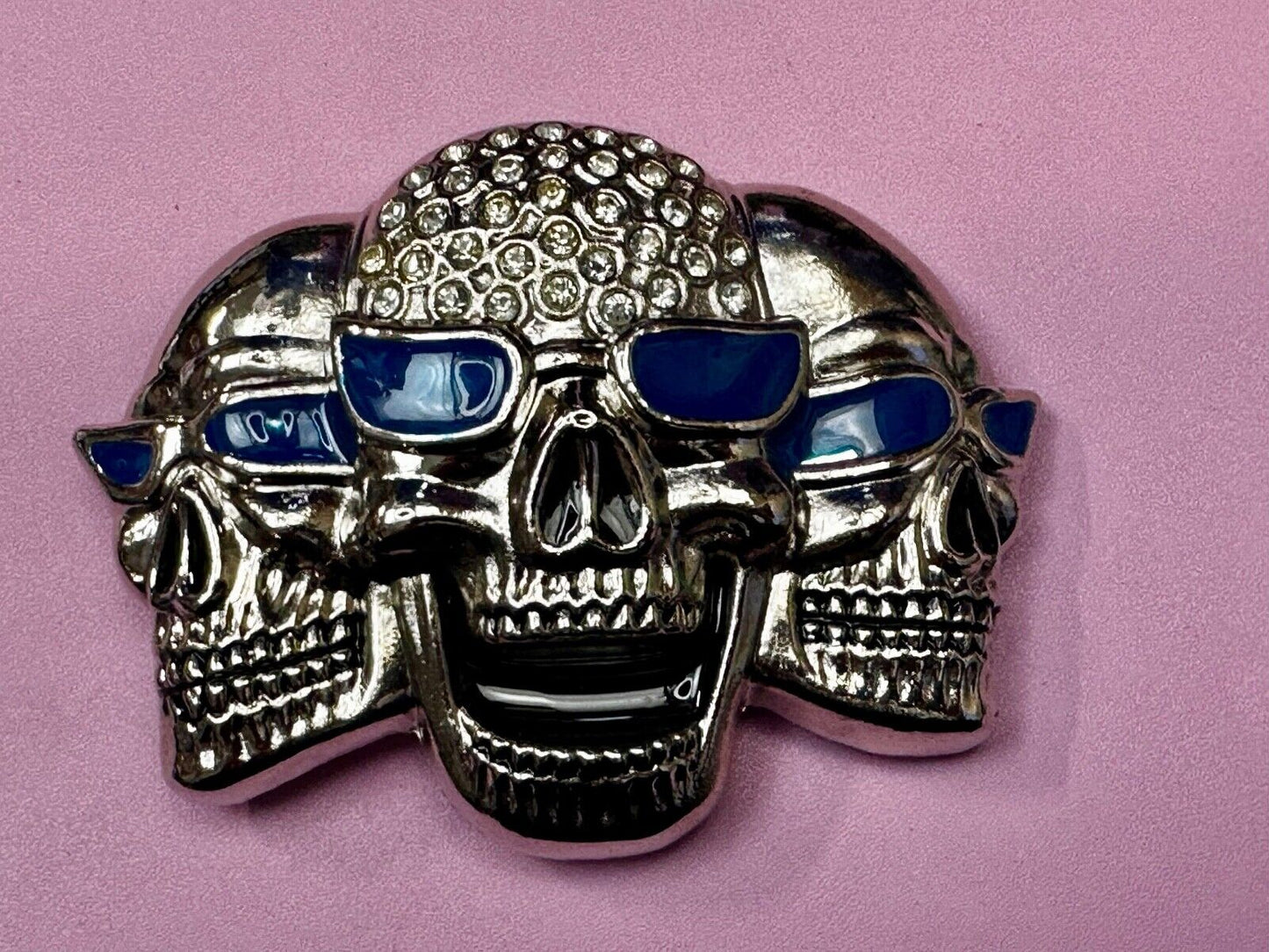 Three Skull's Heads Rhinestone Accented W/ Blue Shades Silver Tone Belt Buckle