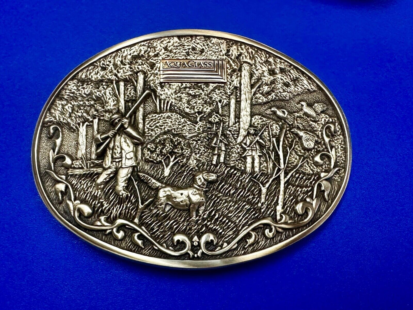 AQUAGLASS  10k Gold Emblem Hunting Dog OC Tanner Solid Brass Belt Buckle in case