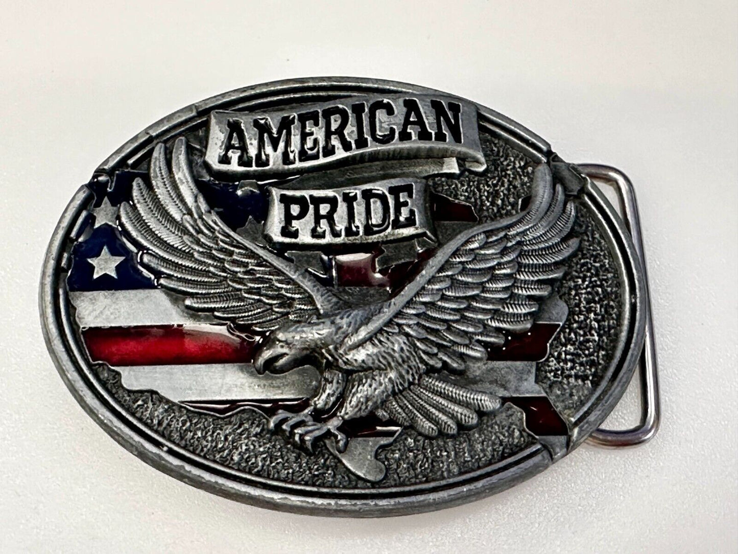American Pride -Soaring Flying Eagle USA Flag Silver Color Patriotic Belt Buckle