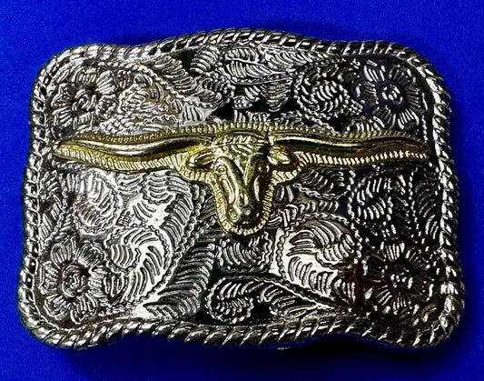 Texas Longhorn Rodeo Steer Bull Head Vintage Two Tone Small Cowgirls Belt Buckle