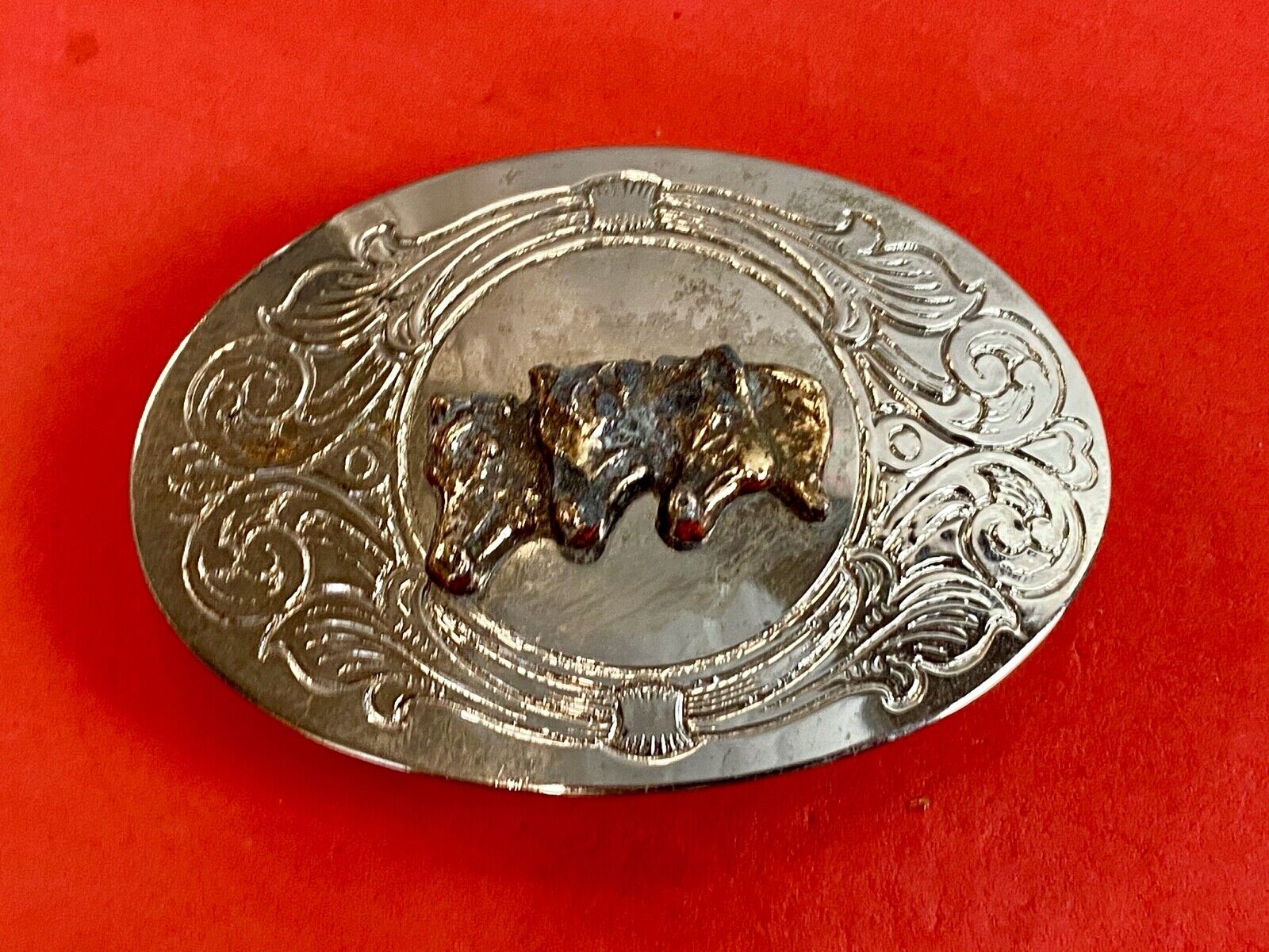 Vintage - There horse heads  bust western engraved belt buckle 