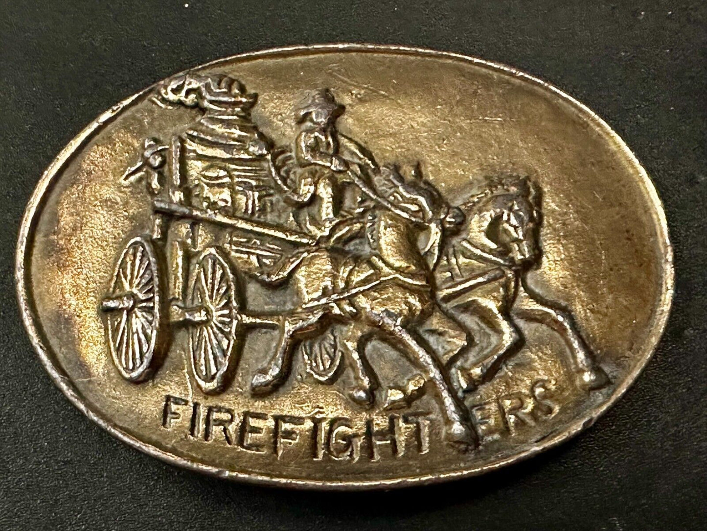 Antique Fire Fighters Fireman Horse Drawn Pumper Wagon Vintage Belt Buckle