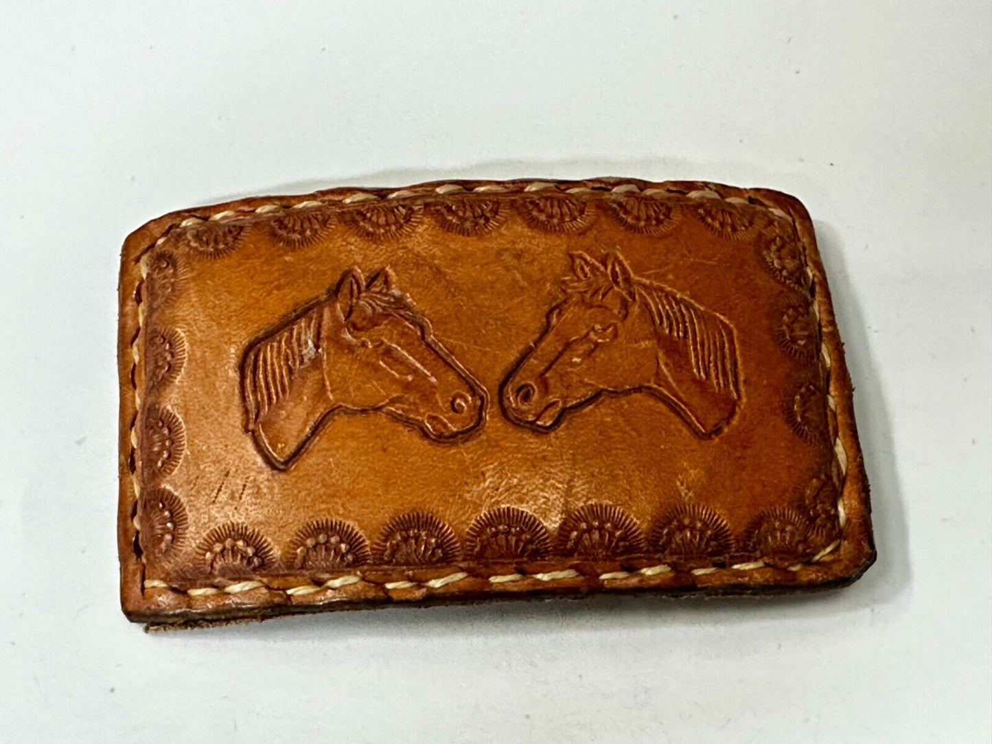Two Horse Heads Vintage Stitched Brown Leather Rectangular Belt Buckle
