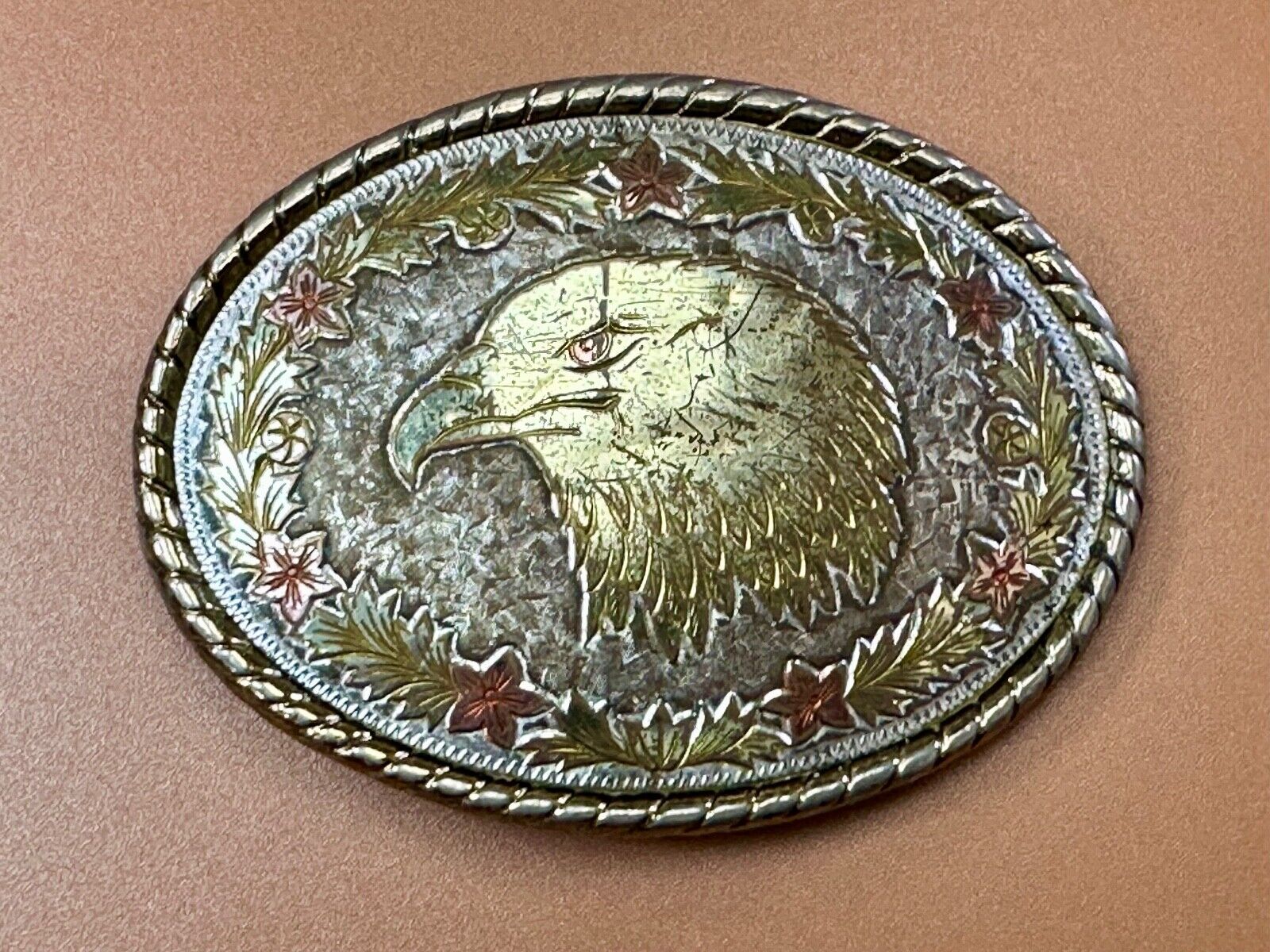 American Bald Eagle Bust profile, Mixed Color Etched belt buckle W Makers Mark