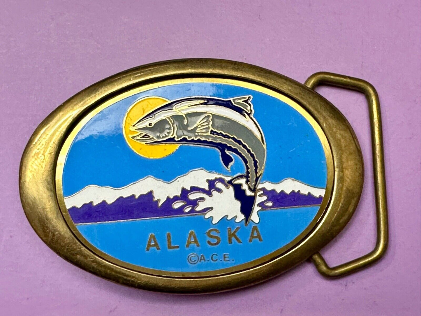 Alaska A.C.E. Jumping Fish - Vintage Solid Brass oval Belt Buckle  QB-101