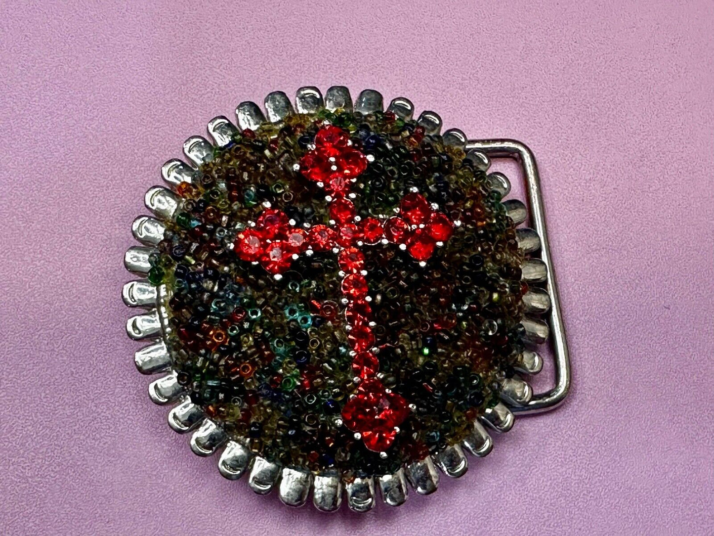 Artisan Religious Red Cross Rhinestone Covered Unique Round Chunky Belt Buckle