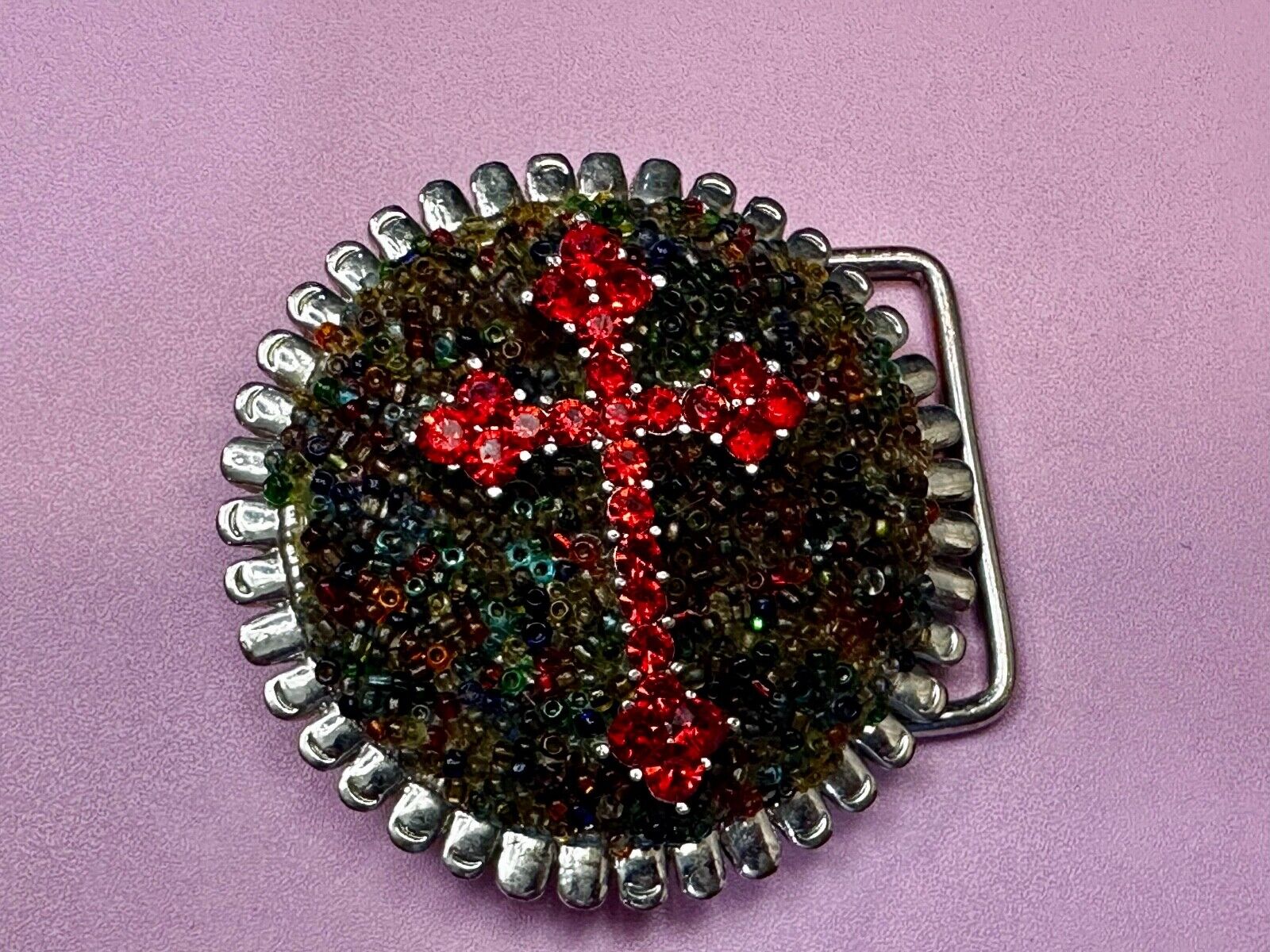 Artisan Religious Red Cross Rhinestone Covered Unique Round Chunky Belt Buckle