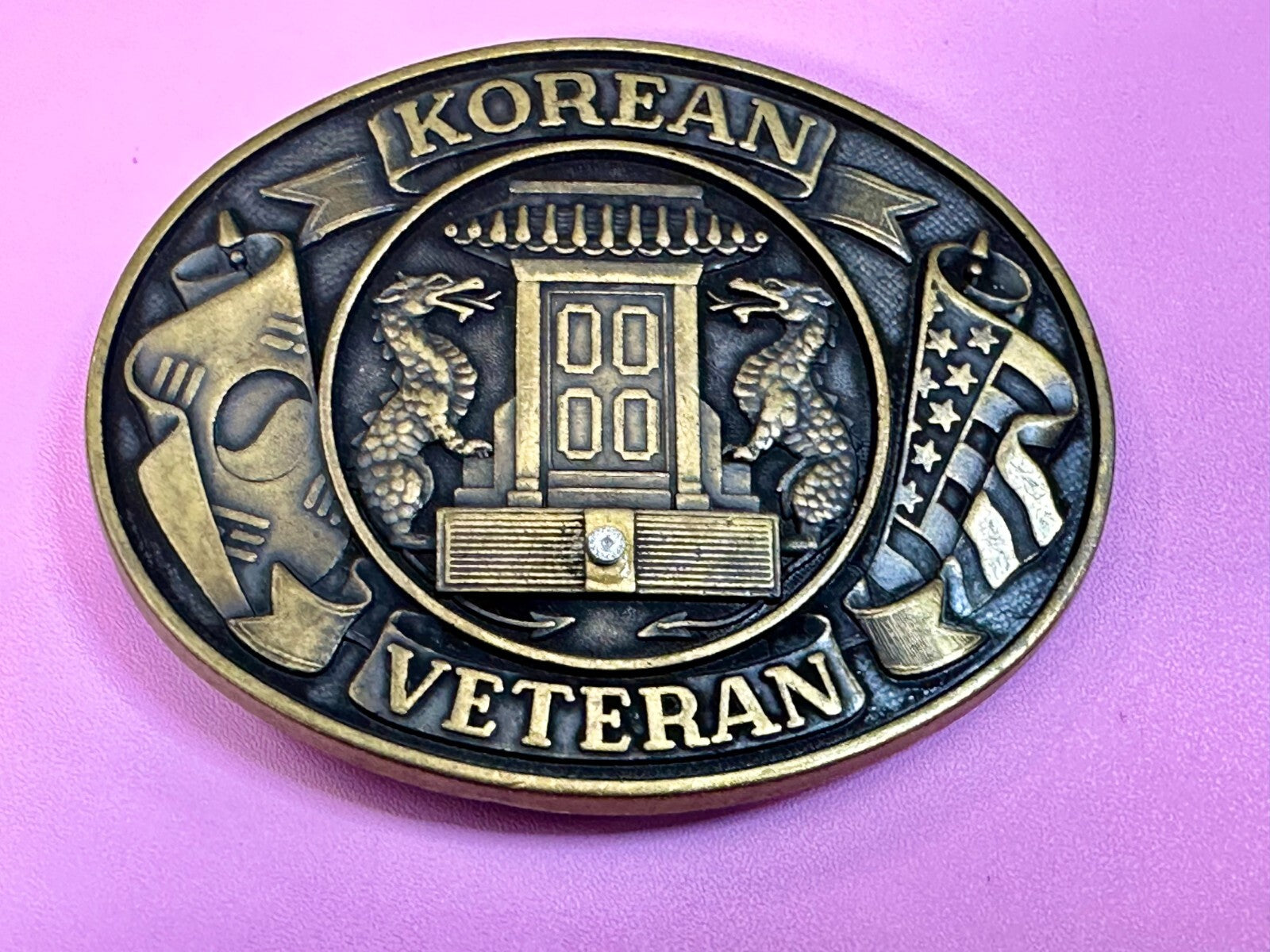 American Korean War Veteran WW II Soldier Commemorative Brass Tone Belt Buckle