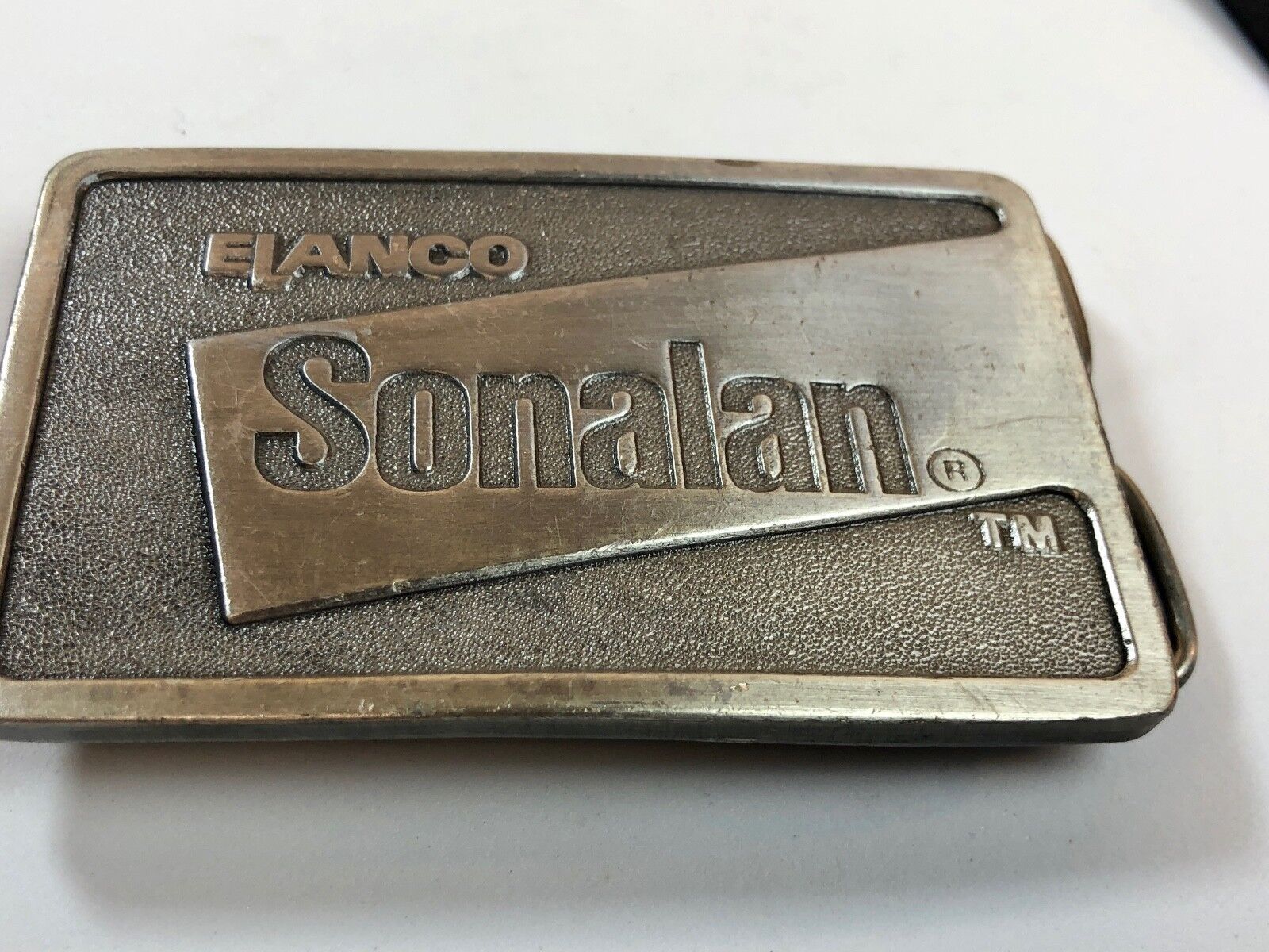 1980s **ELANCO SONALAN** farming HERBICIDE BELT BUCKLE  customer thank you 