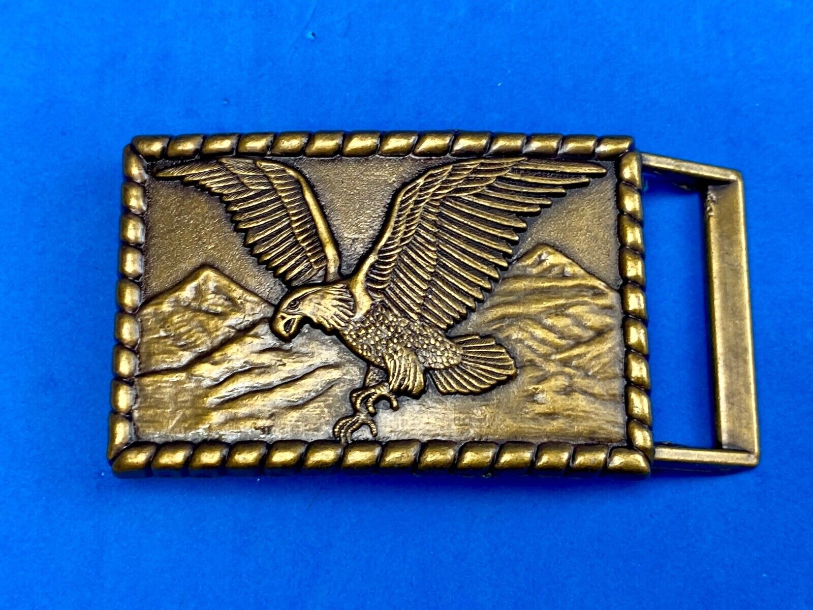 Vintage flying, hunting, fishing American eagle belt buckle with western boarder