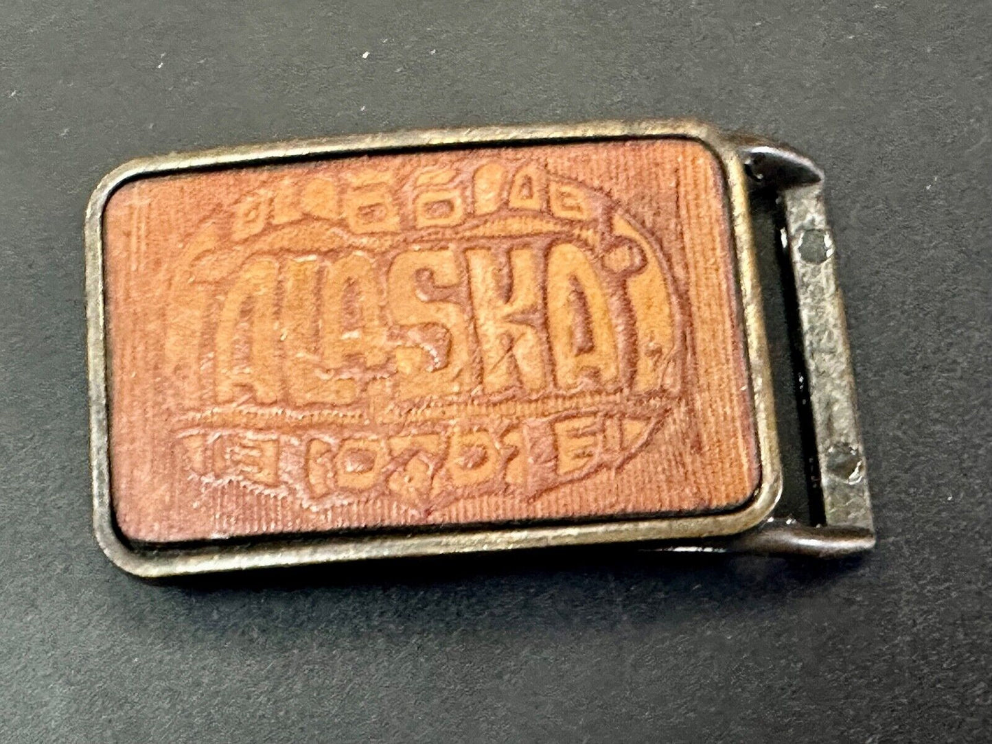 vintage Alaska Rodeo Faux? leather and brass western cowboy belt buckle