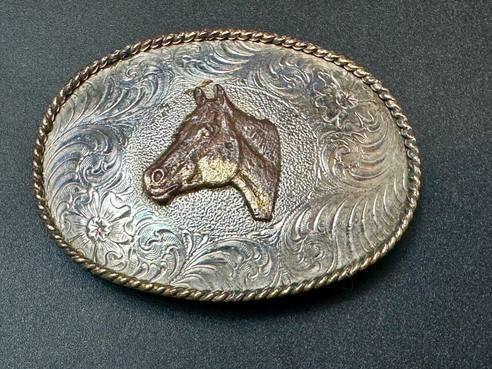 Vintage Horse HEAD Award Design Medals ornate oval two tone belt buckle