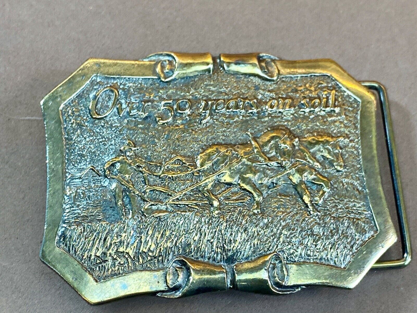 50 Years On Soil - Dahlman Belt Buckle - Field Engineered Farming Equipment 