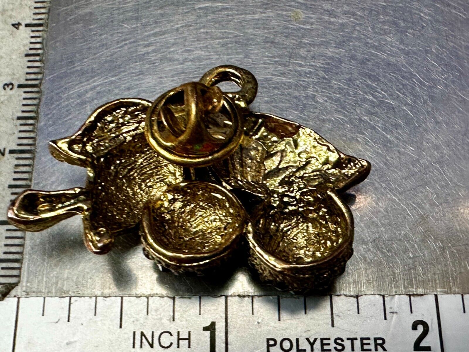 Two Cherries Cluster Fruits Vtg. Rhinestone Covered Figural Gold Tone Brooch Pin