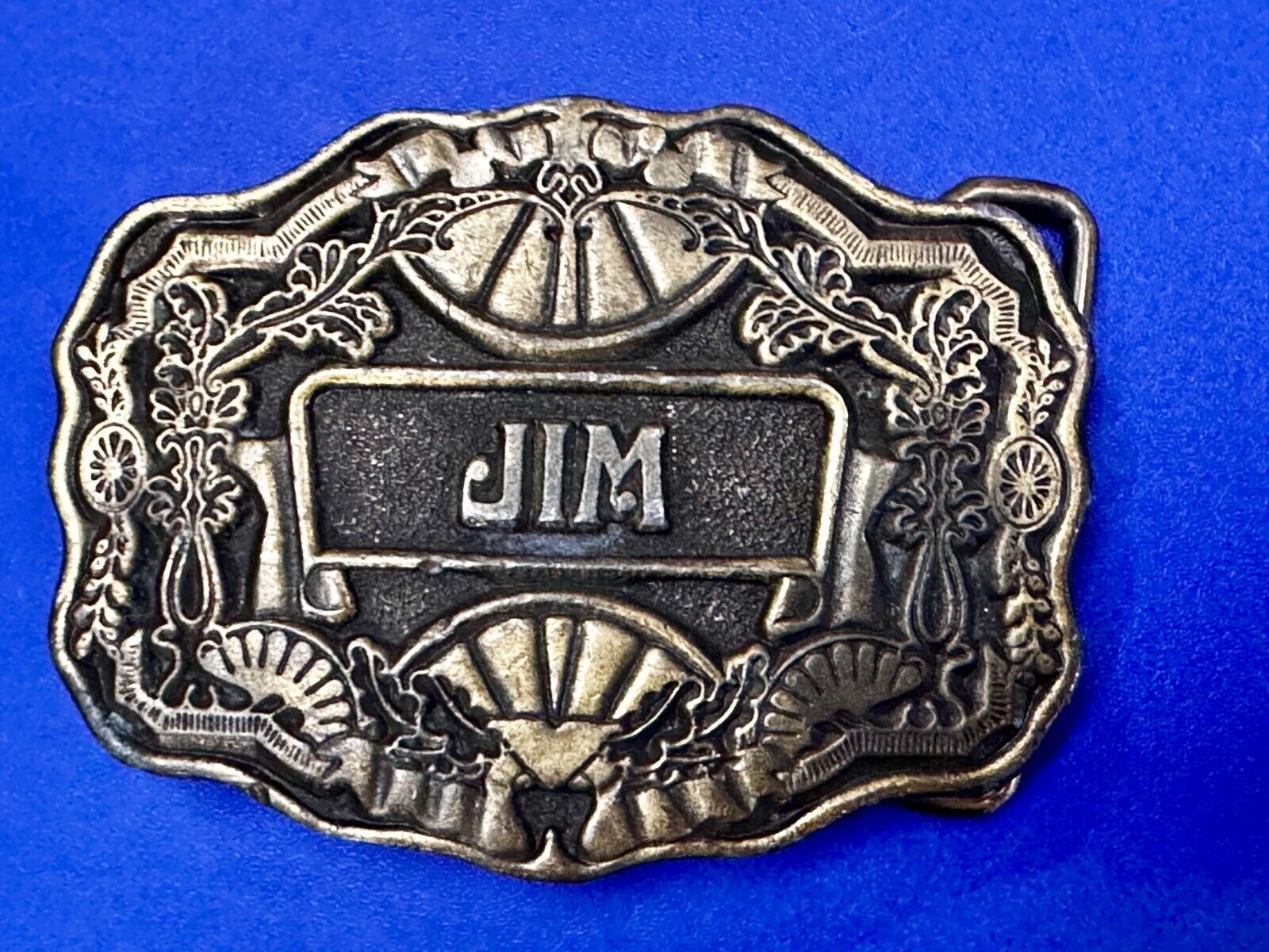 1970s  JIM Name - Custom Brass Tone Metal Oden USA Personalized Belt Buckle