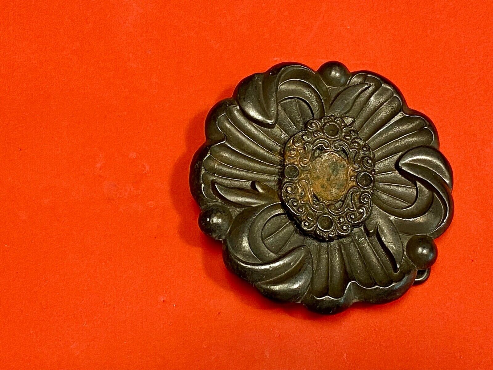 Vintage Antique? Black Flower belt buckle marked BF. - missing stones