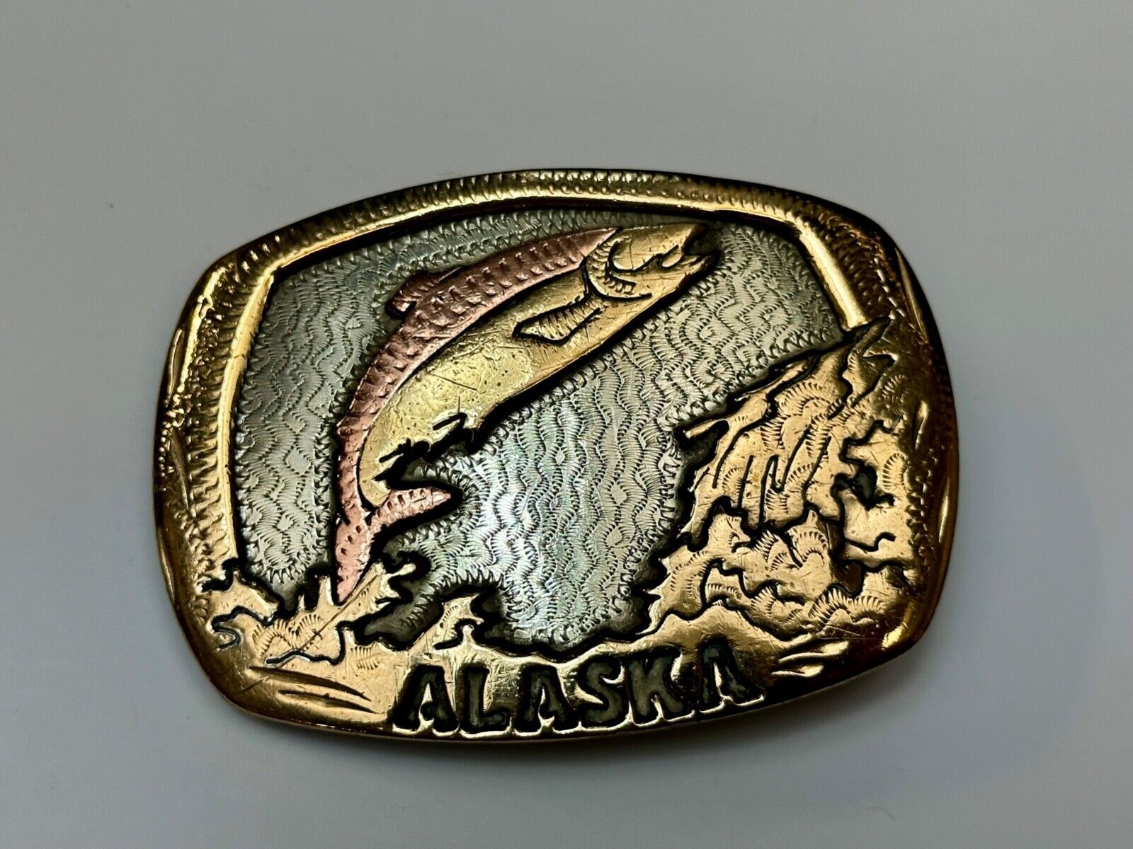 Vintage  Alaska Fish Trout western two tone belt buckle Handcrafted in the USA