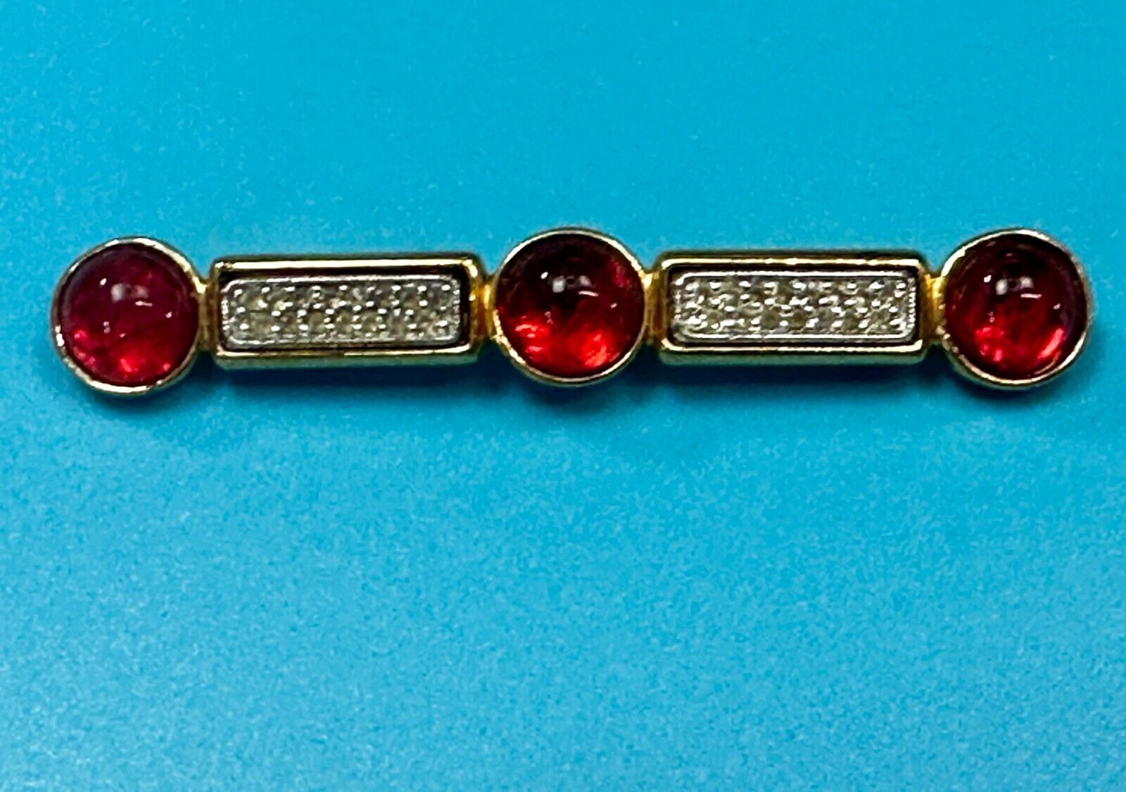 Three Red Round Glass? Vintage Gold Tone Bar Brooch Pin Signed by Ben-Amun