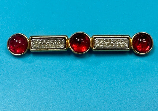 Three Red Round Glass? Vintage Gold Tone Bar Brooch Pin Signed by Ben-Amun