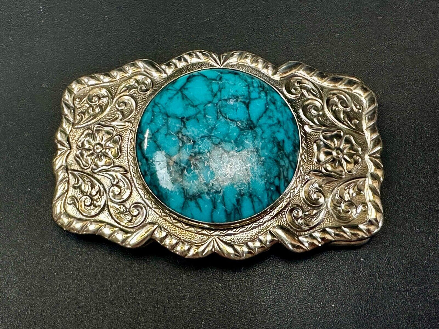 1960s Bell Trading Post Nickel Silver W/ Round Simulated Turquoise Belt Buckle