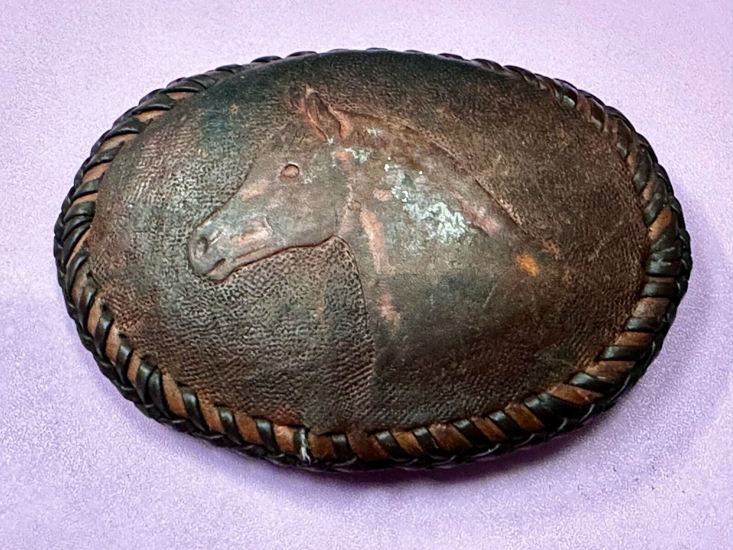 Vintage Horse Head On Brown Leather Belt Buckle to restore!