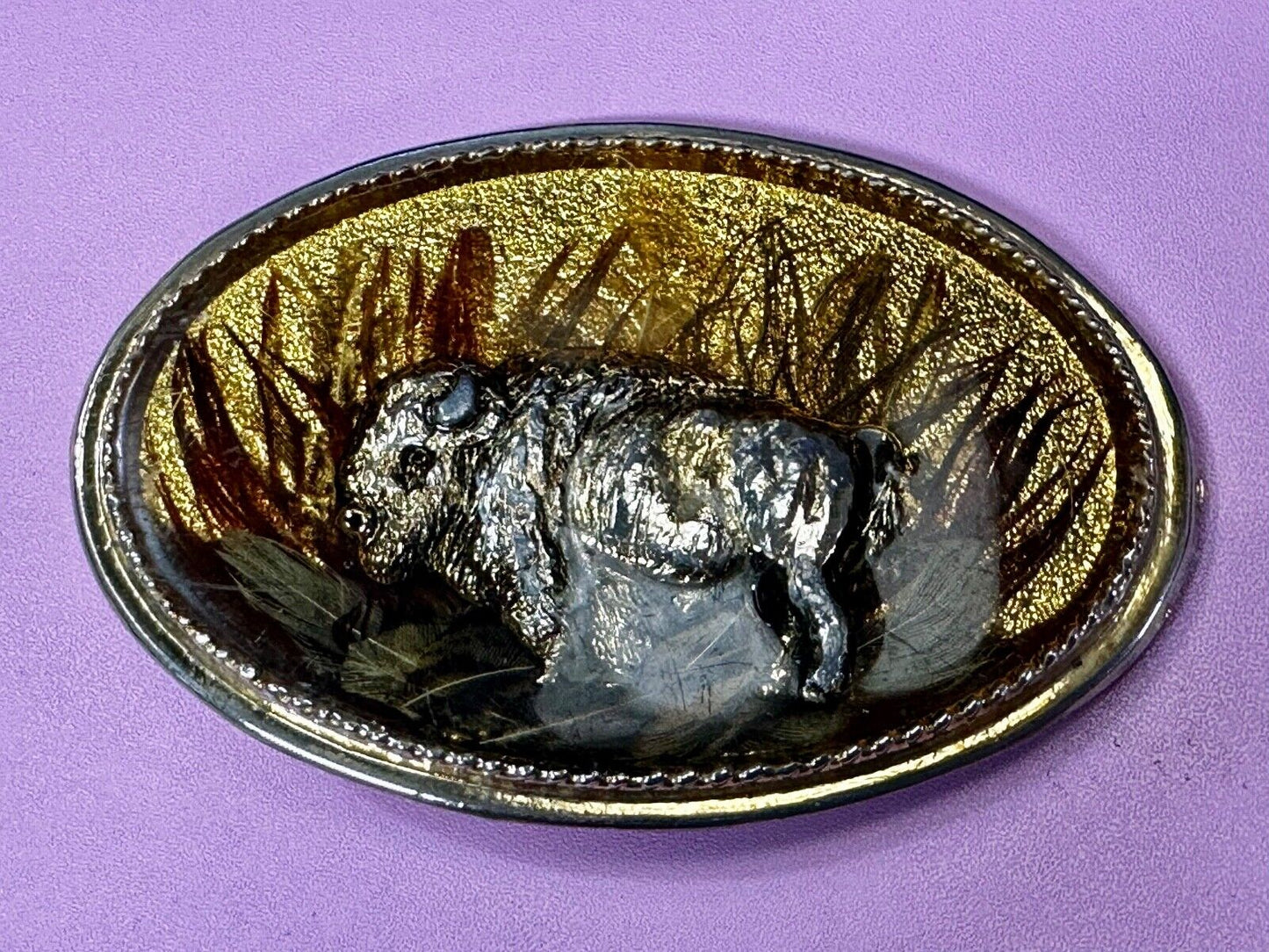 3D Buffalo in wheat grass - Raised from gold tone Vintage Belt Buckle