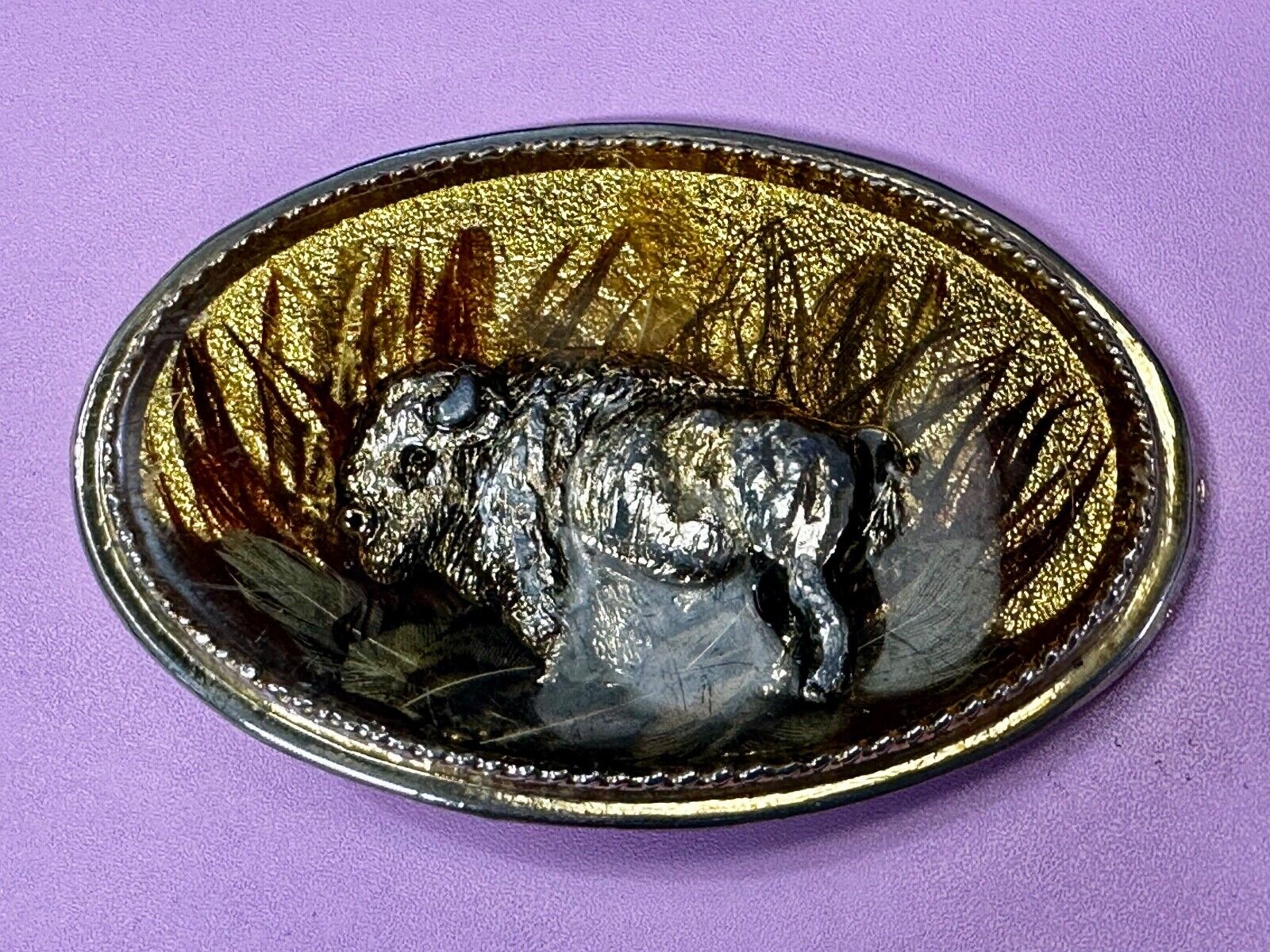 3D Buffalo in wheat grass - Raised from gold tone Vintage Belt Buckle