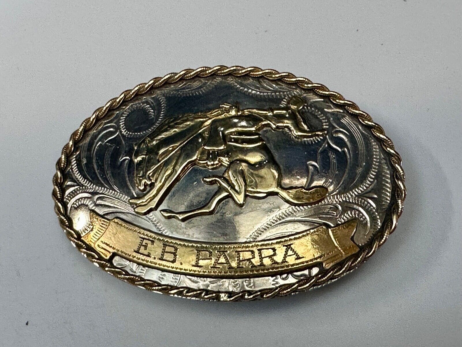 Vintage German Silver Bucking Saddle Bronc Western Cowboy Engraved belt buckle